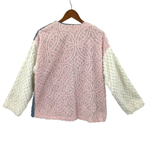 Handmade Women's XL Color Block Terrycloth Cardigan Jacket Blue Pink White - Picture 4 of 4